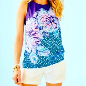 Lilly Pulitzer Iona Top Peacock Blue Plant One On Me Sz S Sleeveless